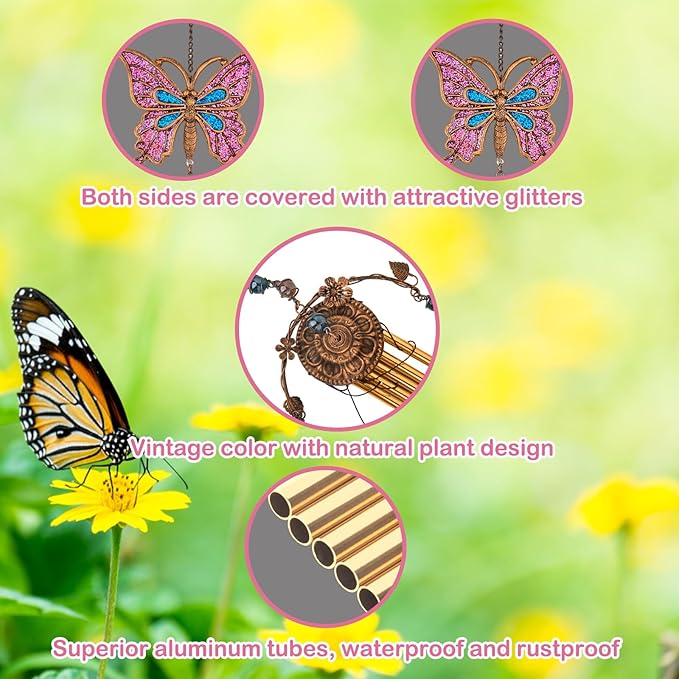 Pink Butterfly Wind Chimes - Wind Chimes for Outside Deep Tone 34 inches 5 Aluminum Tubes, Thanksgiving, Christmas, Birthday Gifts for Mom, Grandma, Daughter, Decor for Home, Garden, Patio, Backyard