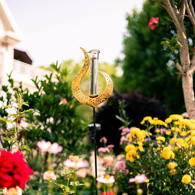 Rain Gauge Outdoor Decorative, Solar Garden Rain Gauge, 7" Capacity Glass Tube Metal Flame Shape for Garden Yard Lawn