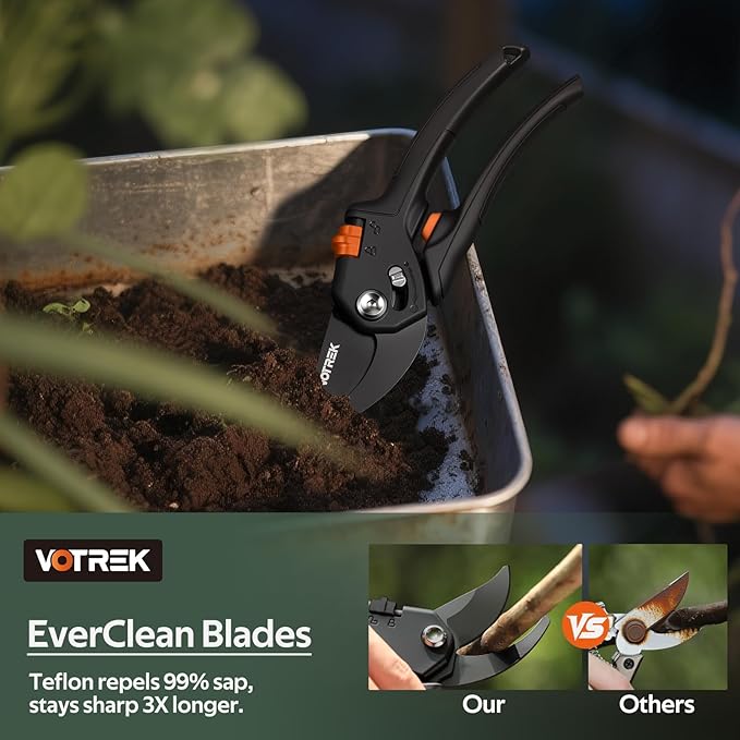 VOTREK Pruning Shears for Gardening, [Patented Stepless Handle Opening] - Plant Scissors with Ultra-Sharp SK5 Steel for Weak Hand, Universal Fit for All Hand Sizes, Effortlessly Cuts 1-Inch Branches
