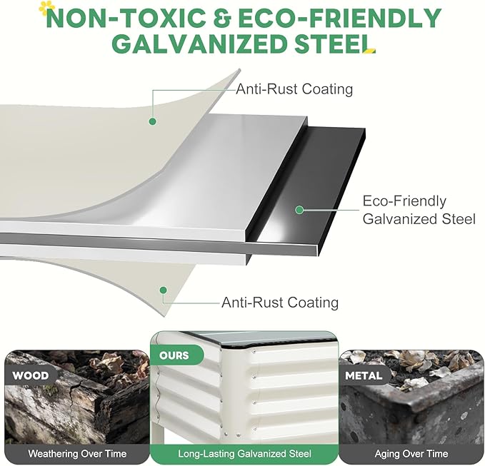 STBoo Elevated Raised Garden Bed with Legs and Wheels- 48''x24''x32'' Galvanized Metal Standing Planter Boxes Outdoor with Bottom Storage Shelf for Backyard, Patio, Balcony, Vegetables, Flowers, White