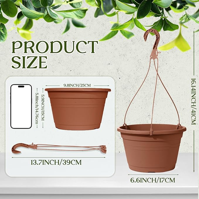 VIDELLY 4 Pcs Hanging Planters for Indoor Plants,10" Large Plastic Hanging Basket Pots with Drainage Trays & Chain Holder for Outdoor Indoor Plants Garden Balcony Decoration, Brown