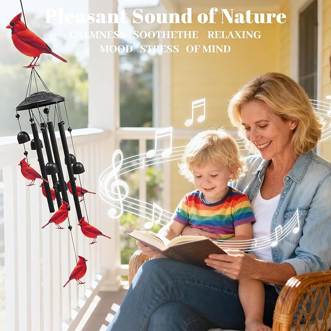 Cardinal Wind Chimes for Outside, Black Metal Windchimes Outdoors, Cardinals Gifts for Women/Men, Garden/Yard Decor, Memorial/Birthday Gifts for Grandma/Mom, Durable Chimes for Outdoors