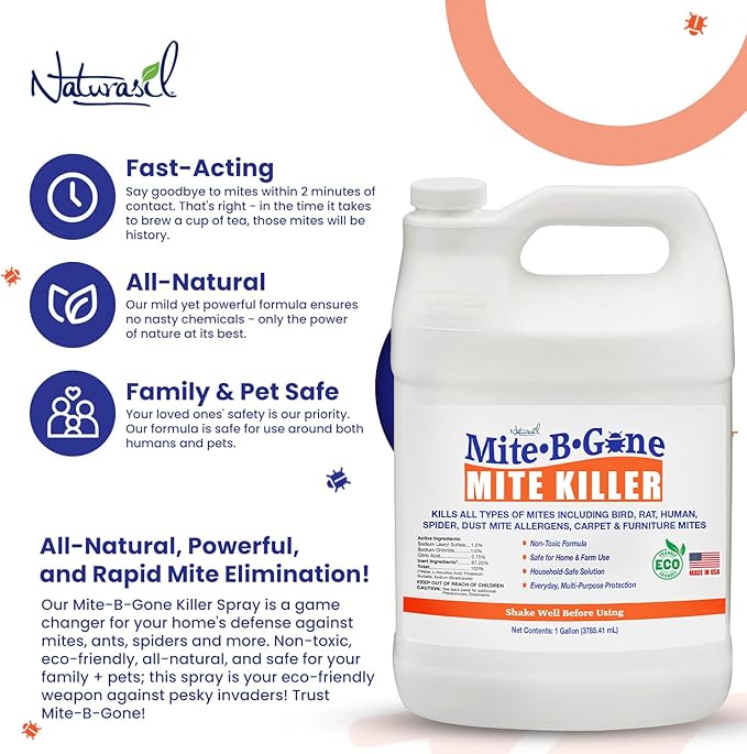 Mite Killer Treatment Spray Pack by Mite-B-Gone - Naturally Kills All Types of Mites, Human, Dust, Spider, Rat, Carpet & Bird Mites | Family & Pet Friendly | 1 Gal 4-Pack