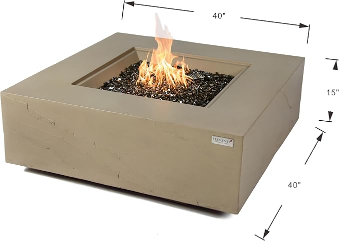Elementi+ | Uluru Gas Fire Pit Cast Concrete 40" Square Fire Table, Outdoor Fire Pit Electronic Ignition | Canvas Cover, Fire Glass and Burner Lid Included | Sunlight Yellow | Propane Gas
