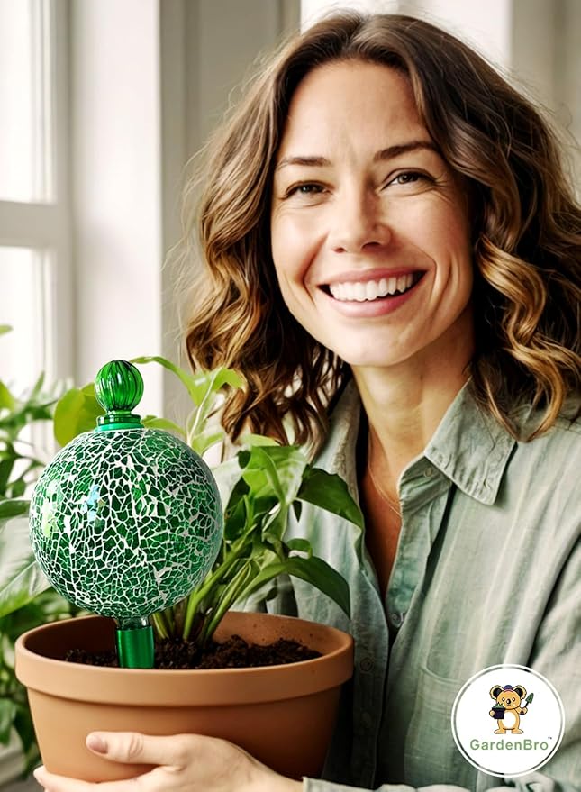 16 Oz Plant Watering Globes for Indoor Plants with Metal Self Watering Planter Insert - Premium XL Glass Hand-Blown Globe - Automatic Plant Waterer Indoor, Gift Idea for Gardeners [1 Globe, Mosaic]