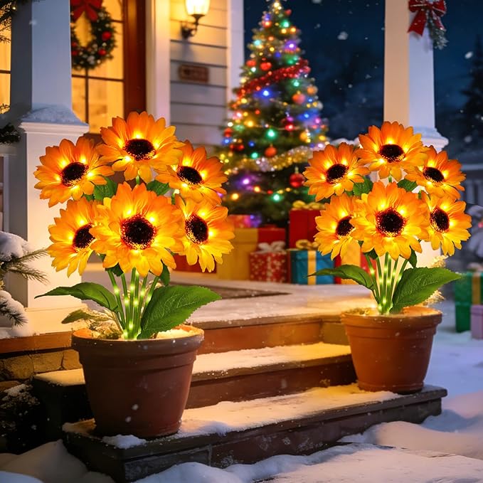 Upgraded Solar Sunflower Lights 1 Pack with 6 Outdoor Decor Flower Lights for Xmas Gift for Mom and Friends, IP65 Waterproof Sunflower Garden Stake Lights for Yard Patio Lawn Pathway (Warm White)