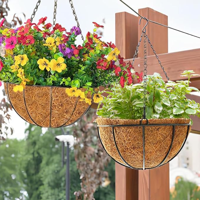 Orgrimmar 2 Pack 12" Metal Hanging Planter Basket with Coco Coir Liner, Small Round Wire Plant Holder with Chain for Hanging Plant and Flower