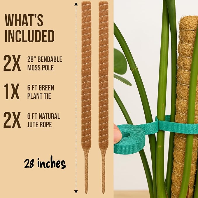Craft911 Moss Pole Monstera Plant Support – 2 Pack 28” Bendable Moss Pole Monstera Plant Support, Plant Stakes for Indoor Plants, Tall Plant Sticks Support for Climbing Plants