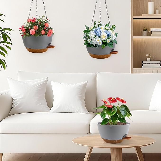 10 inch Hanging Planters for Indoor Plants, 3 Pack Self-Watering Hanging Planter Pots with Chain and Drainage Holes, Outdoor Plastic Hanging Baskets for Garden Home Decor