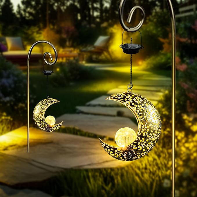 Solar Garden Hanging Moon Lights Outdoor Decor,Metal Lanterns Art Decorations for Outside Yard Lawn Patio Wall Fences Driveway Trail,Unique Housewarming Gardening Gifts for Women Mom