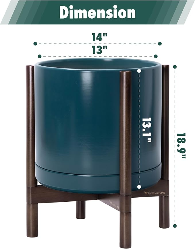 D'vine Dev Ceramic Planter with Walnut Color Stand - 14 Inch Modern Round Flower Pot with Wood Planter Holder, Teal, 55-B-T-4