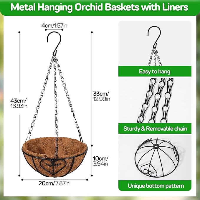 QCQHDU 3 Pack 8 inch Metal Hanging Orchid Baskets for Plants Outdoor, Hanging Orchid Planter Basket with Coco Liners, Orchid Pots with Holes for Garden, Patio, Deck, Porch Plants(Love)