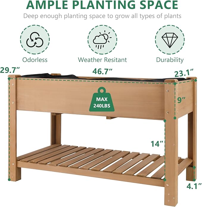 Raised Garden Beds With Legs, Outdoor Wood Elevated Garden Box With L-Connection Tabs，Leg Reinforcement，Storage Shelf, Suitable For Vegetables, Flowers And Herbs, Easy To Assemble,46.7 x23.1 x 29.7IN