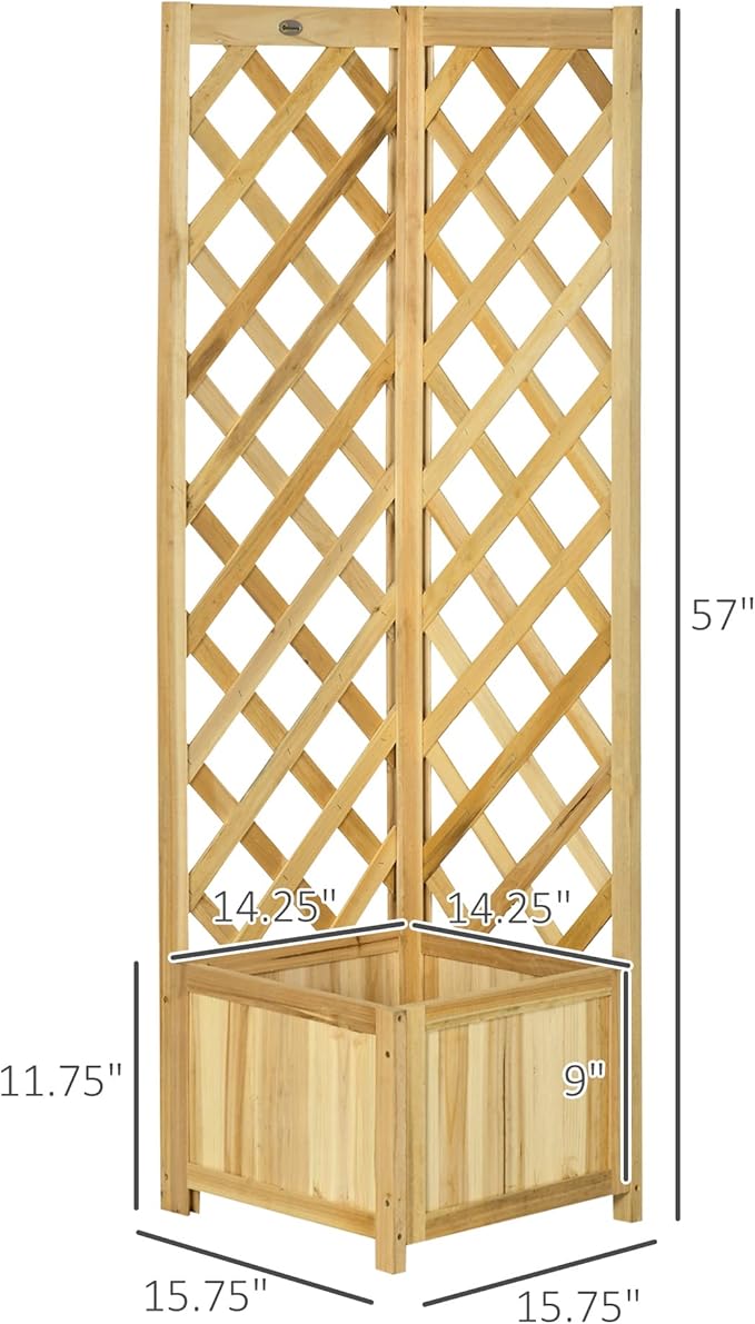 Outsunny Wooden Raised Garden Bed with Trellis, 57" Freestanding Corner Planter Box for Vine Plants Flowers Climbing and Planting Natural
