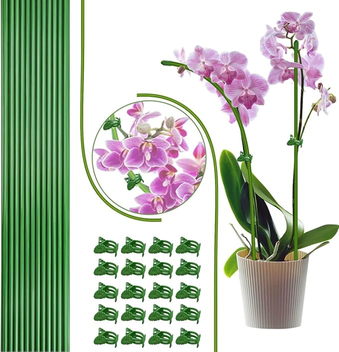 22Pcs Plant Stakes with 22 Pcs Clips, 15.8 inches Bendable Green Plant Sticks for Indoor and Outdoor Plants,Potted Plants,Single Stem Flower Support for Orchid Peony Rose