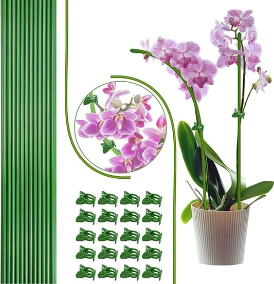 22Pcs Plant Stakes with 22 Pcs Clips, 15.8 inches Bendable Green Plant Sticks for Indoor and Outdoor Plants,Potted Plants,Single Stem Flower Support for Orchid Peony Rose