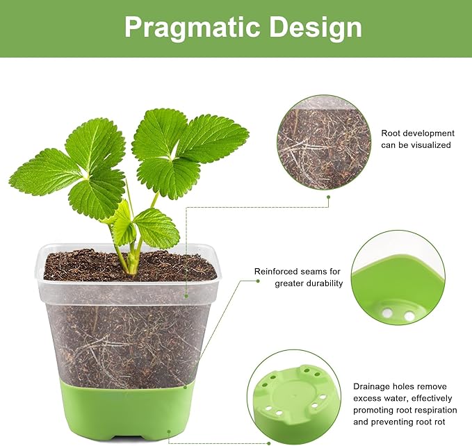 24 Pack 3 Inch Square Plastic Nursery Pots, Clear Plant Pot with Soft Silicone Base for Easy Transplant, Flower Pots with Drainage Holes, Reusable Seedling Pots