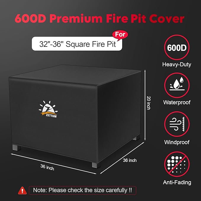 Zettum Fire Pit Cover Square 36 Inch - Outdoor Firepit Cover Heavy Duty & Waterproof, 600D Patio Fire Table Cover Gas Fire Pit Accessories Fit 34" Yaheetech Firepit - 36 x 36 x 20 Inch