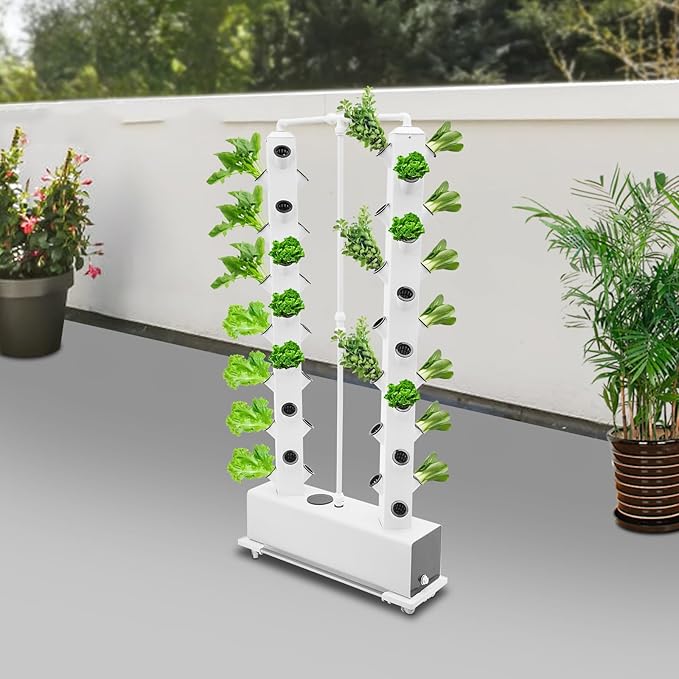 56-Plant Hydroponic Growing System Indoor Outdoor, Garden Vertical Planter Germination Kit with Pump & Wheels, Hydroponics Growing Tower, Smart Vertical Hydroponic Garden Tower, White Base