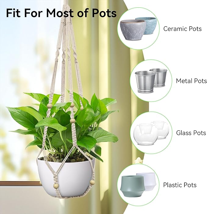 USLAI Macrame Plant Hanger Indoor Outdoor, Up to 4-15 inch Pot, Strong Hanging Planter Basket, Boho Home Decor, 35 Inch, Ivory, Set of 3 (POTS NOT Included)