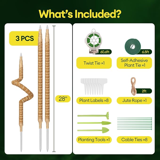 Maygrove 3-Pack 28” Bendable Moss Pole Monstera Plant Support for Climbing Indoors Plants, Coir Moss Poles Sticks DIY, Plant Support Stake for Potted Plants