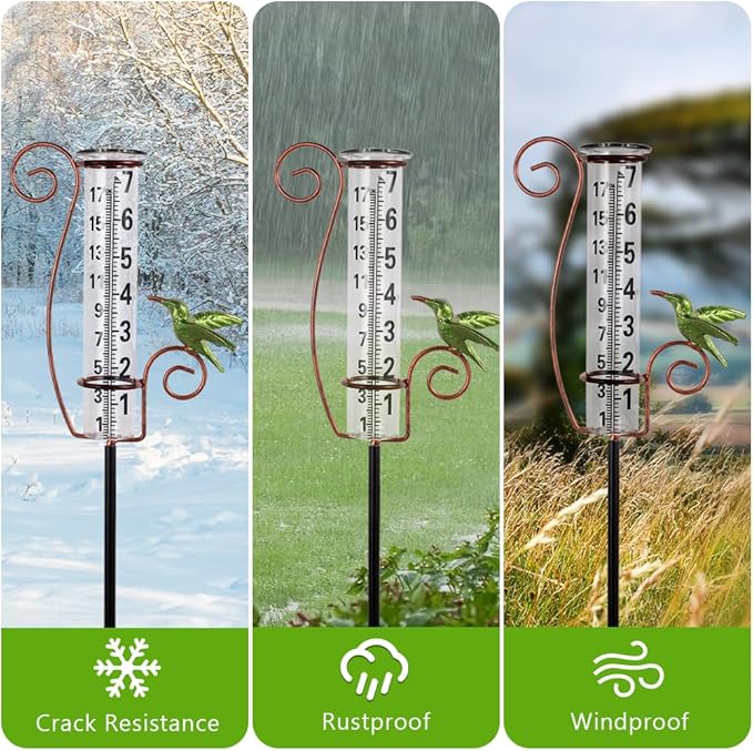 Rain Gauge Outdoor,Hummingbird Rain Gauges,Glass Decorative Rain Guage with Metal Stake for Garden Yard Lawn Decor