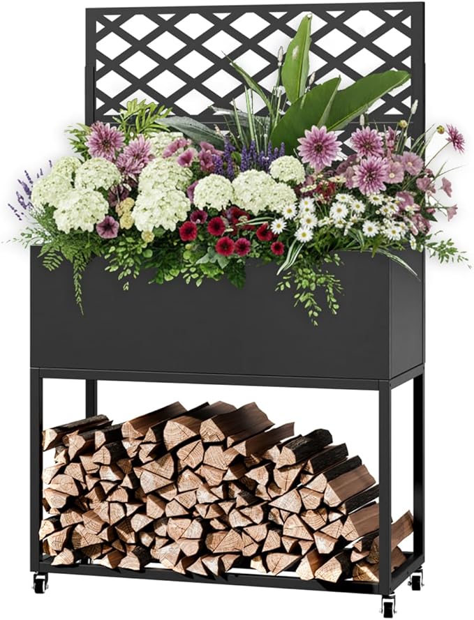 Metal Planter Box with Trellis, 3 in 1 Raised Garden Bed with Trelli & Firewood Rack, Privacy Planter Screen for Climbing Plants, Vine, Outdoor Garden Standing Beds with Drainage Holes, Wheels,Black