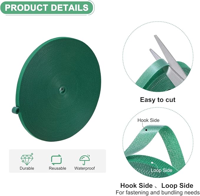 1-Roll Garden Plant Tape, 98 ft x 0.4 in Garden Hook and Loop Plant Ties Multi-Purpose Use Adjustable and Reusable Twist Wire Tape for Plants/Flowers/Vines [Green]