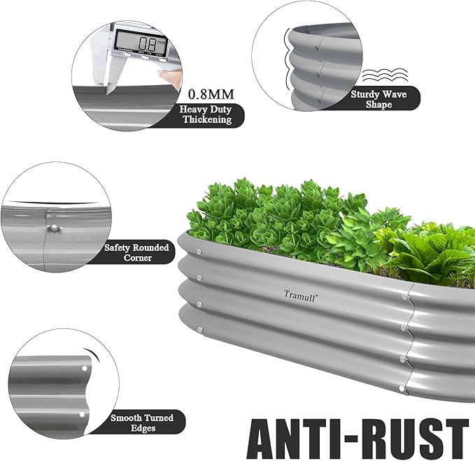 4 Pack 4x2x1FT Galvanized Raised Garden Bed Kit Oval Metal Ground Planter Box Outdoor Bottomless Planter Raised Beds for Vegetables Flowers Herbs Fruits, Gray