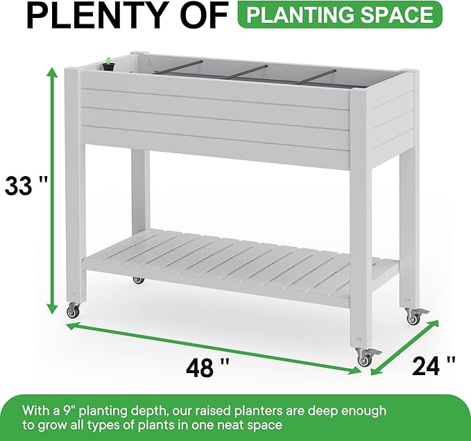 Raised Garden Bed with Legs, 33.66" Tall Self-Watering Resin Planter Box with Lockable Wheels Drainage Plug and Gauge for Vegetables, Flowers, Storage Shelf for Tools and Accessories (Ashen)