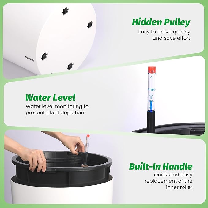 CABIHOME Self-Watering Planters Set of 2, 19.5 Inch Tall with Drainage, Water Monitor & Wheels, High Circular Flower Pot, Easy Move, Indoor Outdoor Pots for Porch, Living Room & Office, White