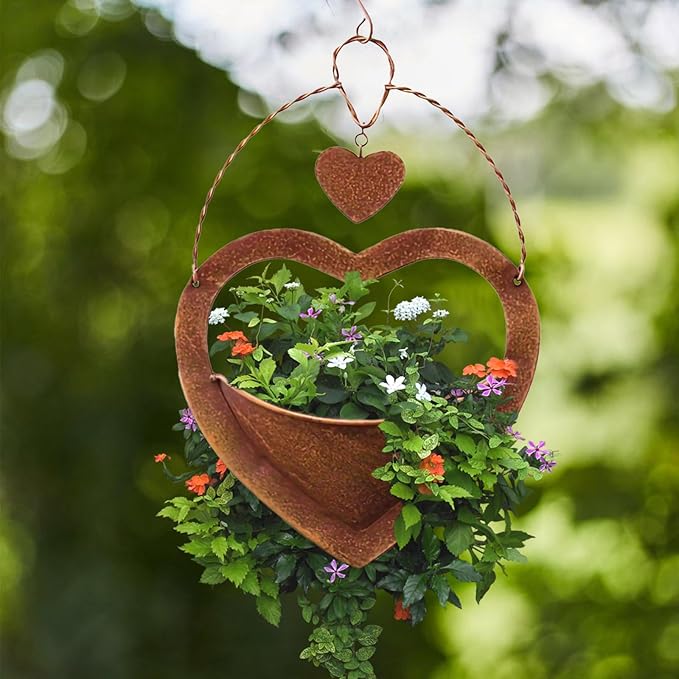 Metal Plant Hanger Outdoor & Indoor - Heart-Shaped Rustic Hanging Planter with Hook for Garden Window Wall, for Mom Grandma Women