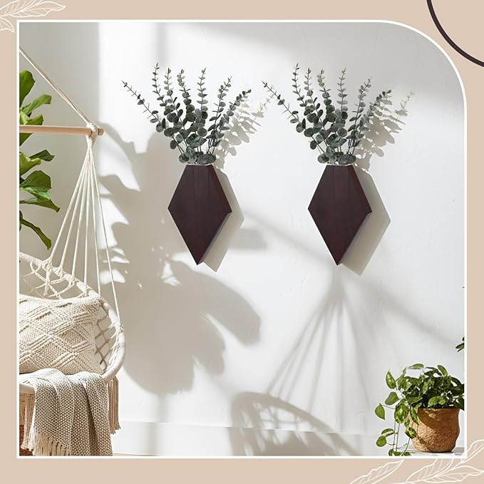Chunful 2 Pcs Wooden Wall Planter Decor Hanging Faux Plants Greenery Flowers Holder Vase Boxes for Wall Bohemian Farmhouse Room Kitchen Office Indoor Decoration(Brown,9.8 x 6.6 x 1.2 Inches)