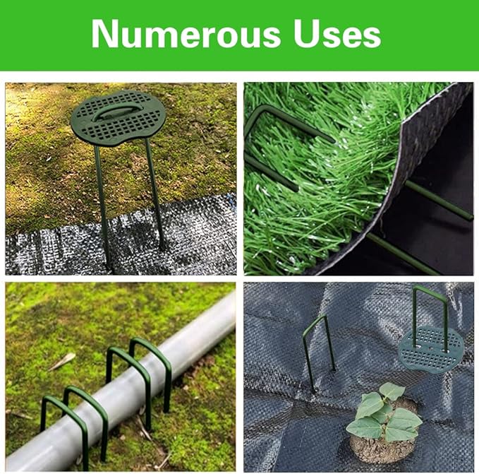 Bakulyor 200pcs Green Artificial Turf Stakes Staples + 200pcs Buffer Washer, 6 Inch 11 Gauge Landscape Staples, Galvanized Lawn Spikes, Heavy Duty Yard Ground Pin for Grass Weed Barrier Sod Fabric