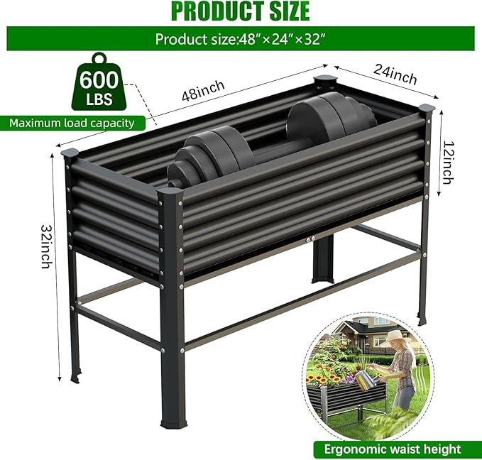 Doniks Raised Garden Bed with Legs, 48×24×32in Large Metal Elevated Raised Planter Box,600lb Capacity with Drainage Holes for Vegetables Lawn Green Flowers, Fruits, Terrace