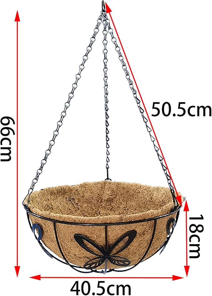 14 inch Metal Hanging Baskets For Plants Outdoor 4 Pack Round Metal Wire Hanging Basket Planter with Coco Fiber Liners Chain Round Wire Plant Holder for Garden, Patio, Deck, Porch Plants Flower Potss