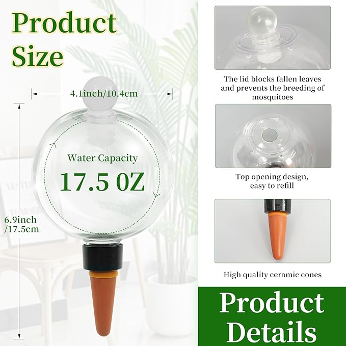 4pcs Plant Self Watering Globes with Covers, Plastic Water Bulbs Top Fill, Plant Watering Devices System Slow Release Terracotta, Water Spikes Stakes for Indoor (4)