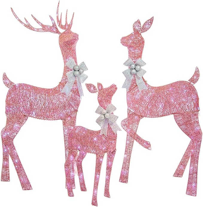 Jingle Joy 5ft Twinkle Lighted Outdoor Deer Set with LED Lights – 3-Piece Reindeer Family Decor for Yard Display – Weather-Resistant Holiday & Valentine's Day Decoration (Pink)