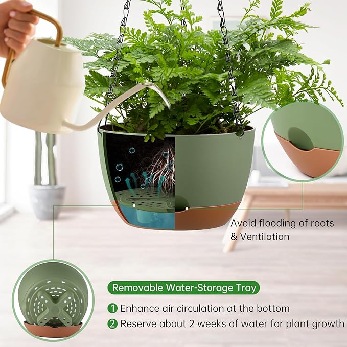Set of 2 8 Inch Self Watering Hanging Planters for Indoor Outdoor Plants, Color Blocking Hanging Baskets Flower Pots with Drainage Hole & Removable Water-Storage Tray