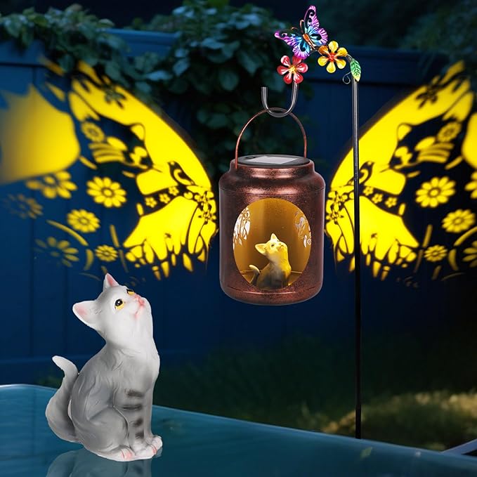 Solar Lanterns Outdoor Waterproof Metal Cat Patterns with Resin Cat Inside Garden Decor Gifts for Women Mom Grandma Hanging Solar Lights Decoration Outside for Yard, Patio, Backyard, Porch