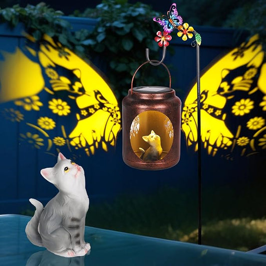 Solar Lanterns Outdoor Waterproof Metal Cat Patterns with Resin Cat Inside Garden Decor Gifts for Women Mom Grandma Hanging Solar Lights Decoration Outside for Yard, Patio, Backyard, Porch