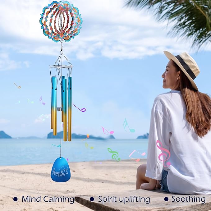 Wind Chimes for Outside with Wind Spinner Mandala Lucky Star,33" Memorial WindChimes Outdoor Garden Decorations,Suitable for Zen Patio,Gifts for Mom Women Wife Grandma,Christmas Ornaments