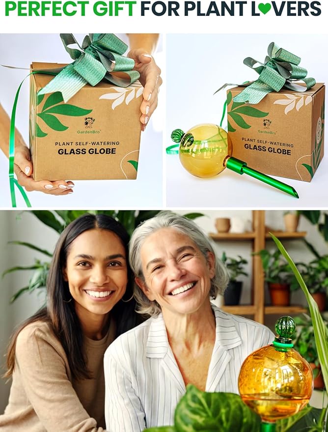 16 Oz Plant Watering Globes for Indoor Plants with Metal Self Watering Planter Insert - Premium XL Glass Hand-Blown Globe - Automatic Plant Waterer Indoor, Gift Idea for Gardeners [1 Globe, Golden]