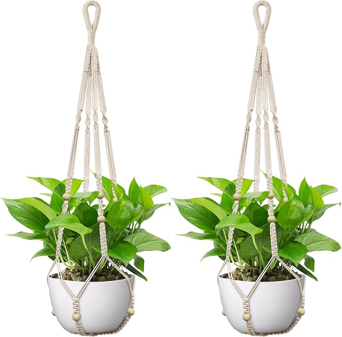 USLAI Macrame Plant Hanger Indoor Outdoor, Up to 4-15 inch Pot, Heavy 20lb Planters, Extra Long Strong Hanging Planter Basket, Boho Home Decor, 35 Inch, Ivory, Set of 2 (POTS NOT Included)