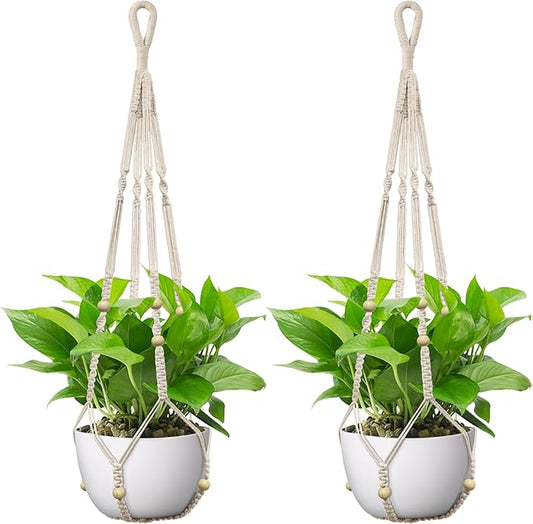 USLAI Macrame Plant Hanger Indoor Outdoor, Up to 4-15 inch Pot, Heavy 20lb Planters, Extra Long Strong Hanging Planter Basket, Boho Home Decor, 35 Inch, Ivory, Set of 2 (POTS NOT Included)