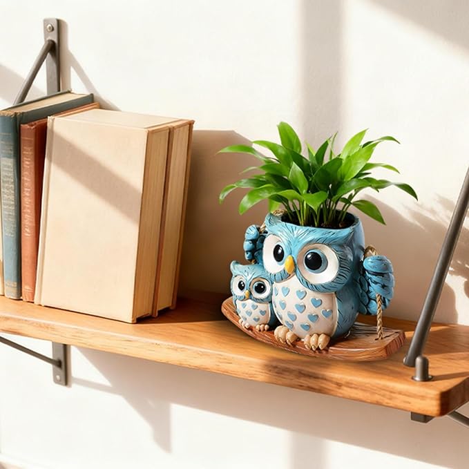 Swing Owl Hanging Planter for Indoor Plants, Cute Small Succulent Pot with Drainage Hole, Unique Resin Hanging Plant Hangers for Outdoor Decor, Plant Holder for String of Pearls, Gift Ideas for Mom