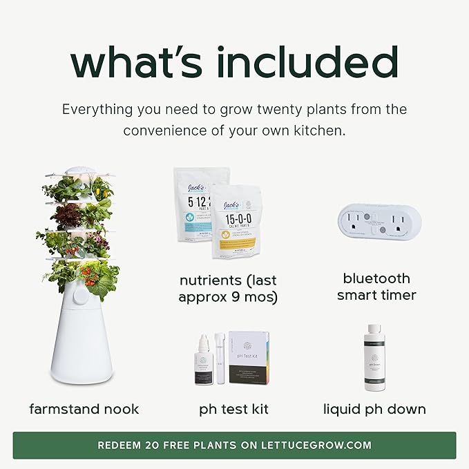 Farmstand Nook 4ft.7” Vertical Hydroponic Garden Tower - Self-Watering, Vertical Hydroponic Tower with LED Grow Lights, 20 Live Seedlings, Smart Timer - Indoor Vertical Growing Tower