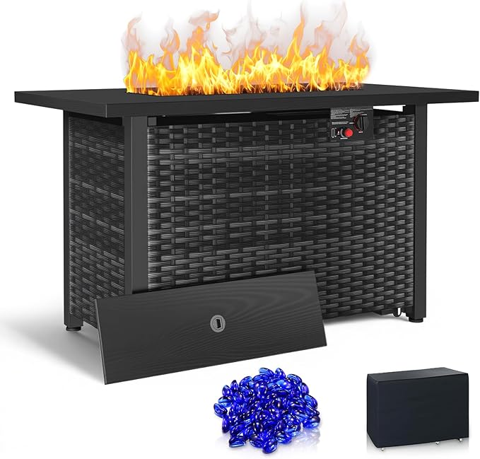 ZAFRO 42.91 Inch Outdoor Fire Pit Table 50,000 BTU, Rectangular Firepit Table with Glass Stones & Lid, 2 in 1 Fire Table for Patio, Backyard, Deck, or Garden, Black