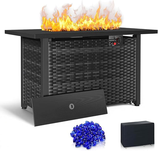 ZAFRO 42.91 Inch Outdoor Fire Pit Table 50,000 BTU, Rectangular Firepit Table with Glass Stones & Lid, 2 in 1 Fire Table for Patio, Backyard, Deck, or Garden, Black