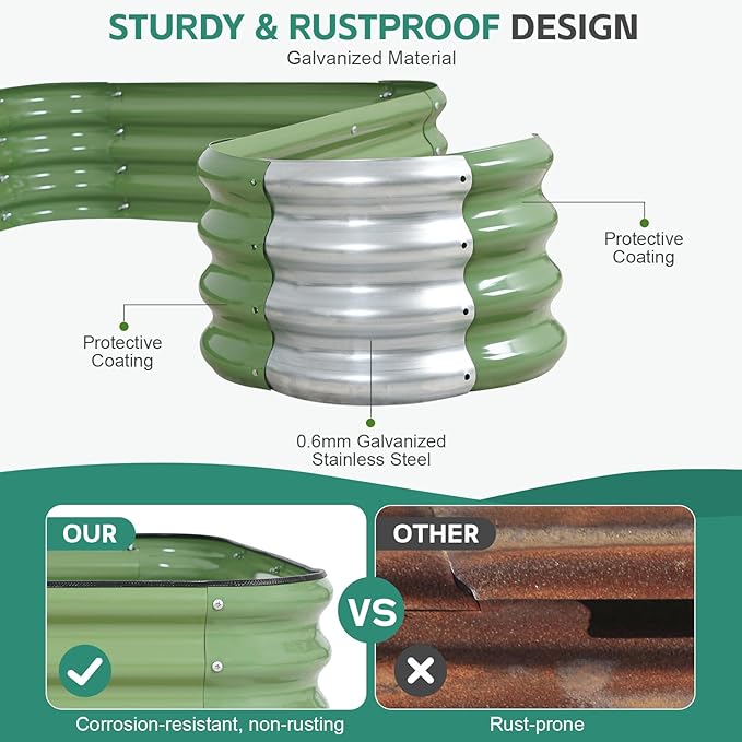 5 in 1Galvanized Raised Garden Bed - 8x3x1ft Modular Garden Planter Bed Outdoor | Steel Raised Bed Kit with Bracing Rods, Gloves for Gardening Vegetables Fruits and Flowers (Green)